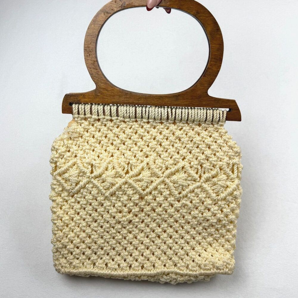 Vintage 70s Macrame Handbag Wood Top Handle Cream Crochet Boho Hippie Purse